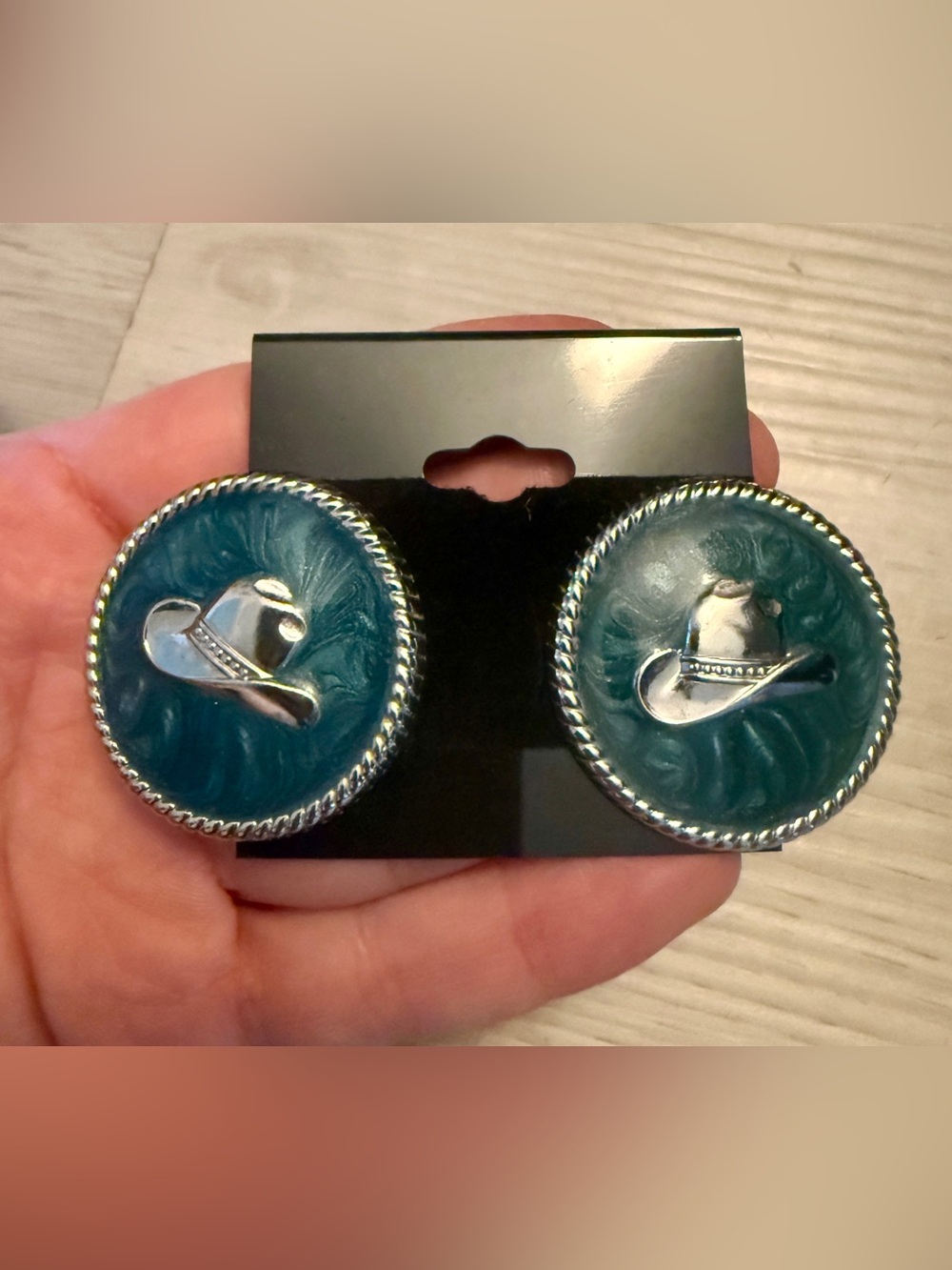 VTG Western Earrings Country Cowboy Hat Coastal Cowgirl Silver Stud Blue Teal